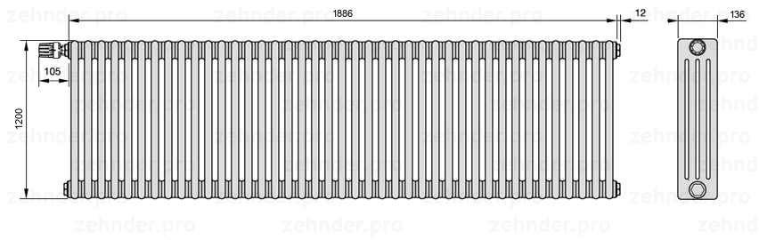 Схема (чертеж) Радиатор Zehnder Charleston 4120/41 №V012 Белый глянцевый RAL 9016